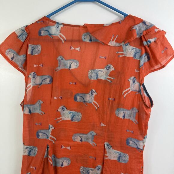 Anthropologie Meadow Rue Orange Dog Print Blouse 10P Ruffle Pleated Sheer Cotton - Picture 10 of 15